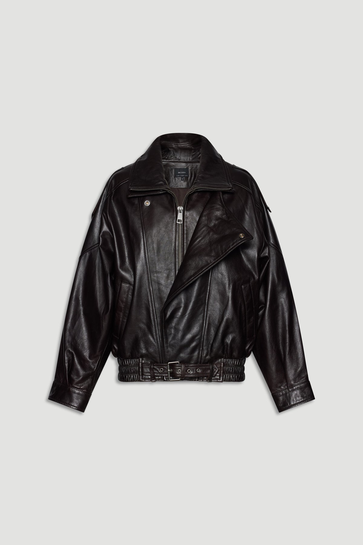Dark brown leather jacket with asymmetrical zip, belted hem, and relaxed fit for an effortless, stylish look.