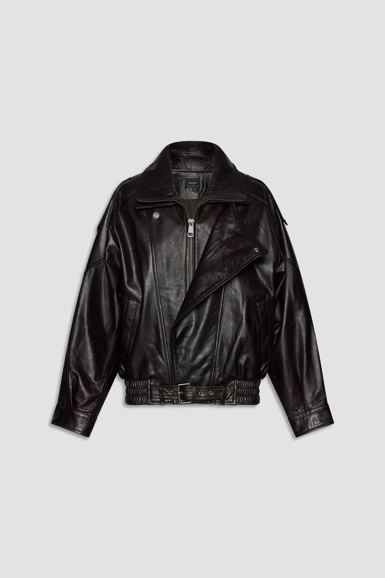 Dark brown leather jacket with asymmetrical zip, belted hem, and relaxed fit for an effortless, stylish look.