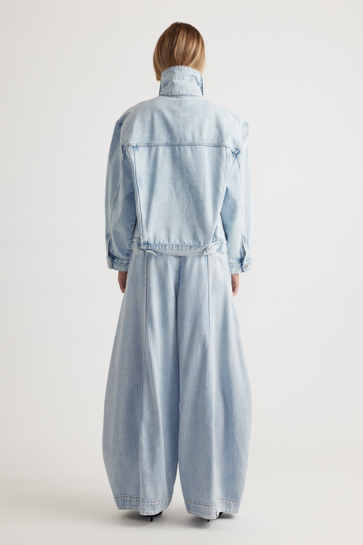Nakita Denim Jacket in light blue wash with high collar and relaxed fit by DECJUBA Australian fashion brand