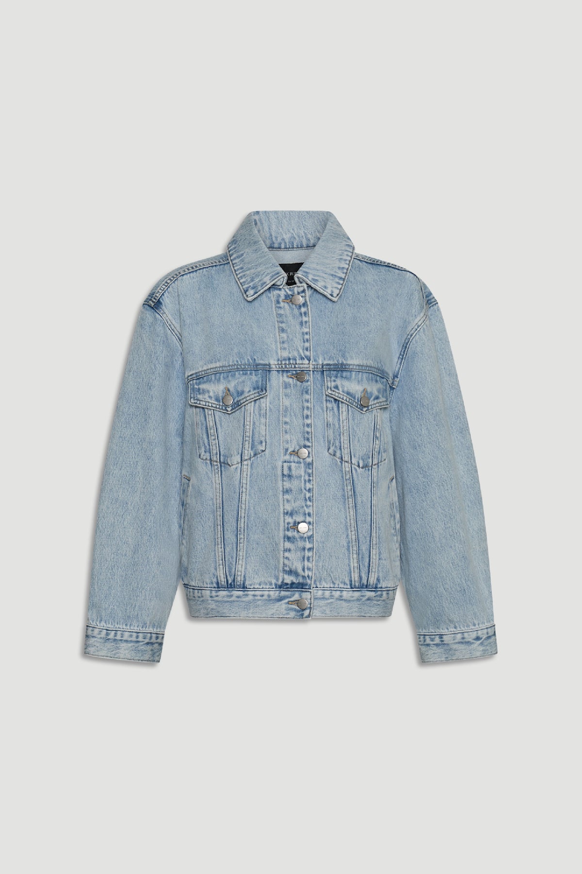 Nakita Denim Jacket in classic light blue wash with button front and chest pockets by DECJUBA Australian fashion brand