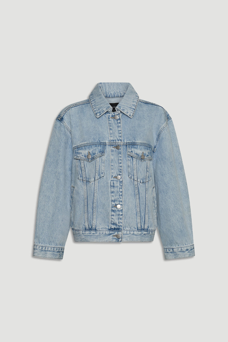 Nakita Denim Jacket in classic light blue wash with button front and chest pockets by DECJUBA Australian fashion brand