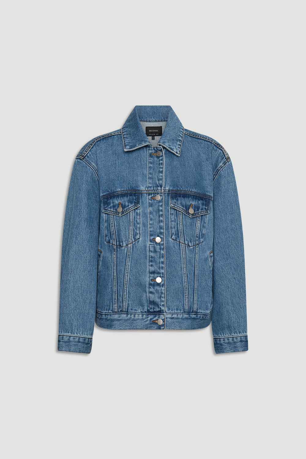 Nakita Denim Jacket in classic medium blue wash with button front and structured fit by DECJUBA Australian fashion brand