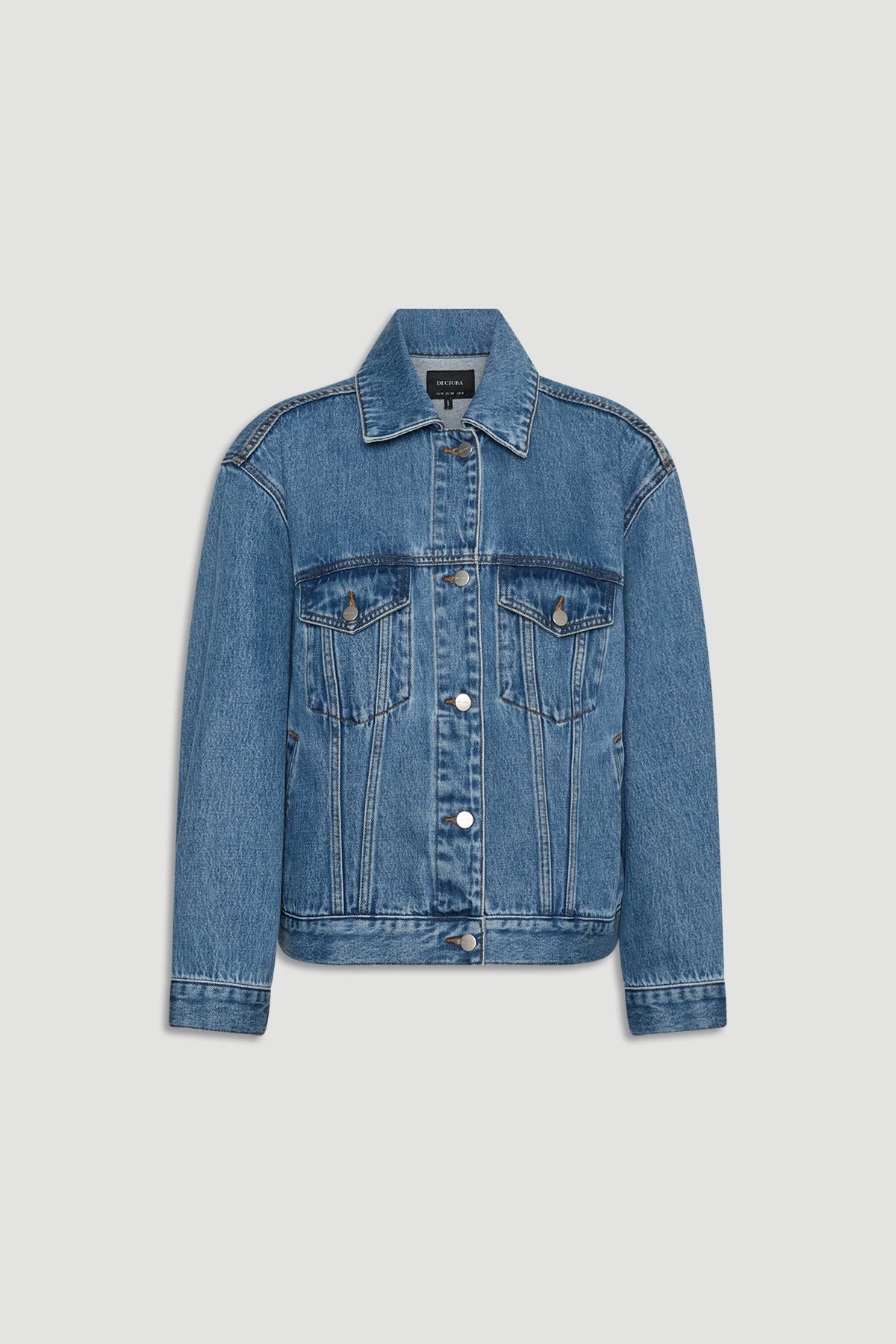 Nakita Denim Jacket in classic medium blue wash with button front and structured fit by DECJUBA Australian fashion brand