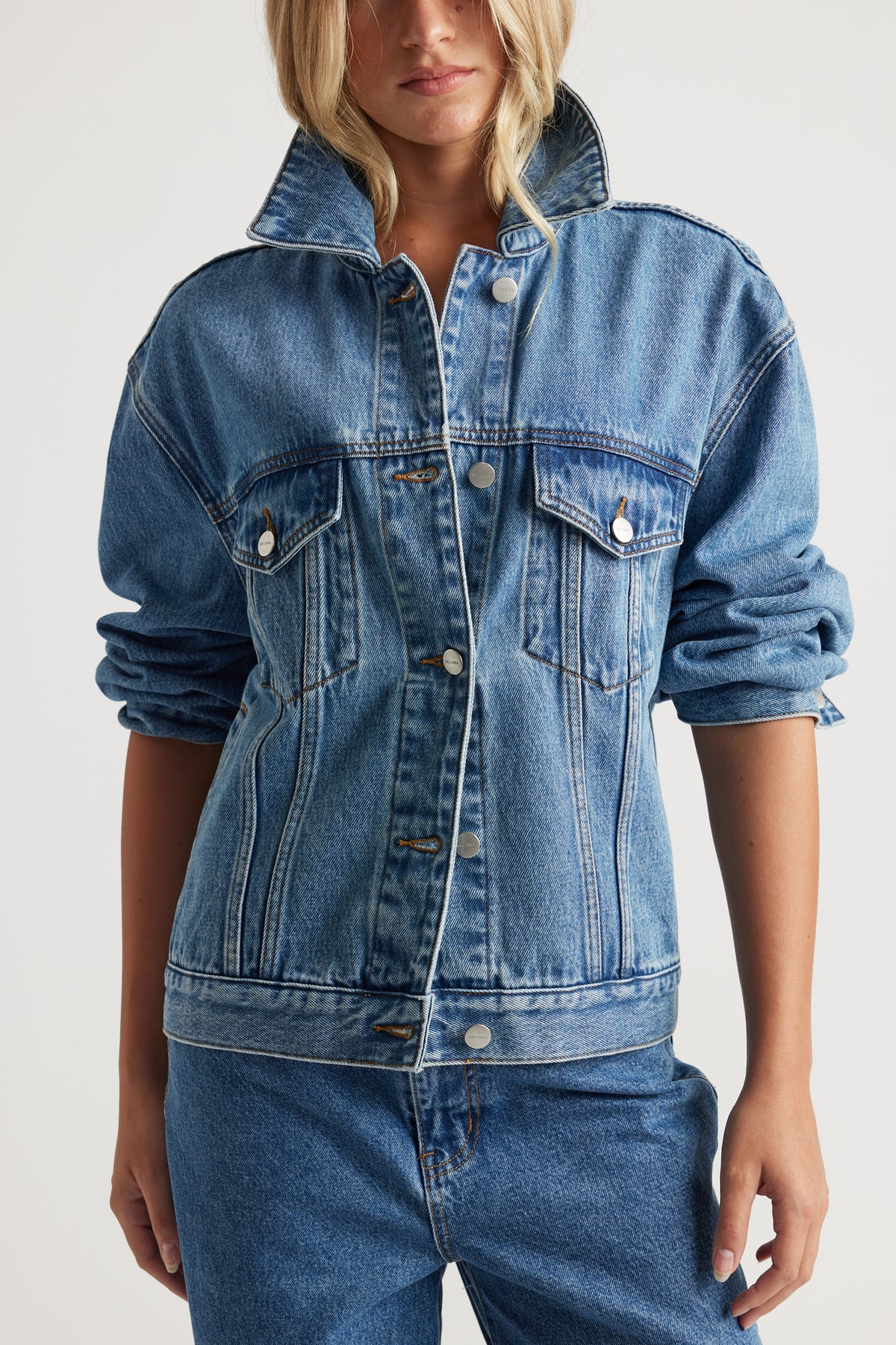 Nakita Denim Jacket in classic blue wash with structured fit and button front by DECJUBA Australian fashion brand
