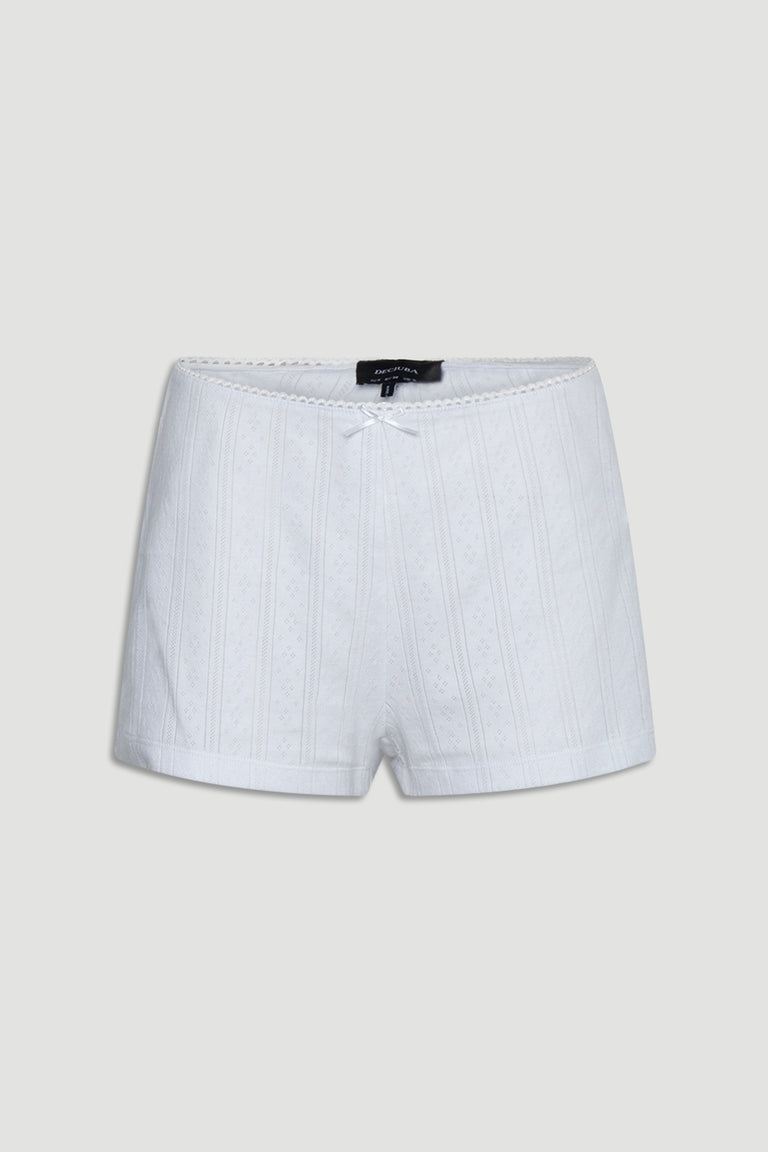 White textured pointelle shorts with delicate bow and soft knit fabric for comfortable loungewear fit
