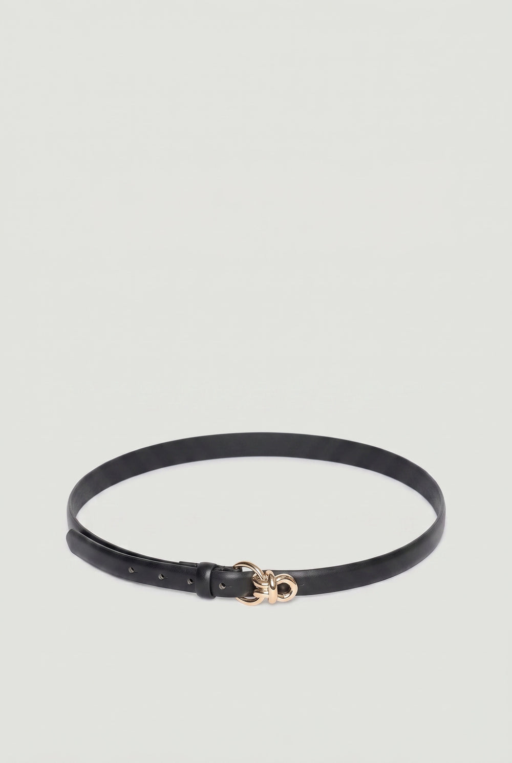 Slim black belt with a polished gold-tone knot buckle, designed for versatile everyday styling.