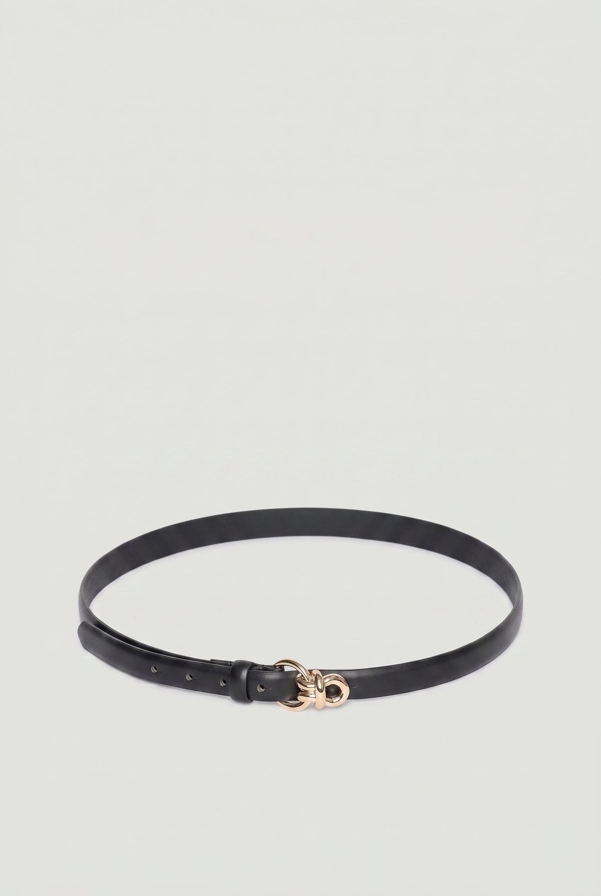 Slim black belt with a polished gold-tone knot buckle, designed for versatile everyday styling.
