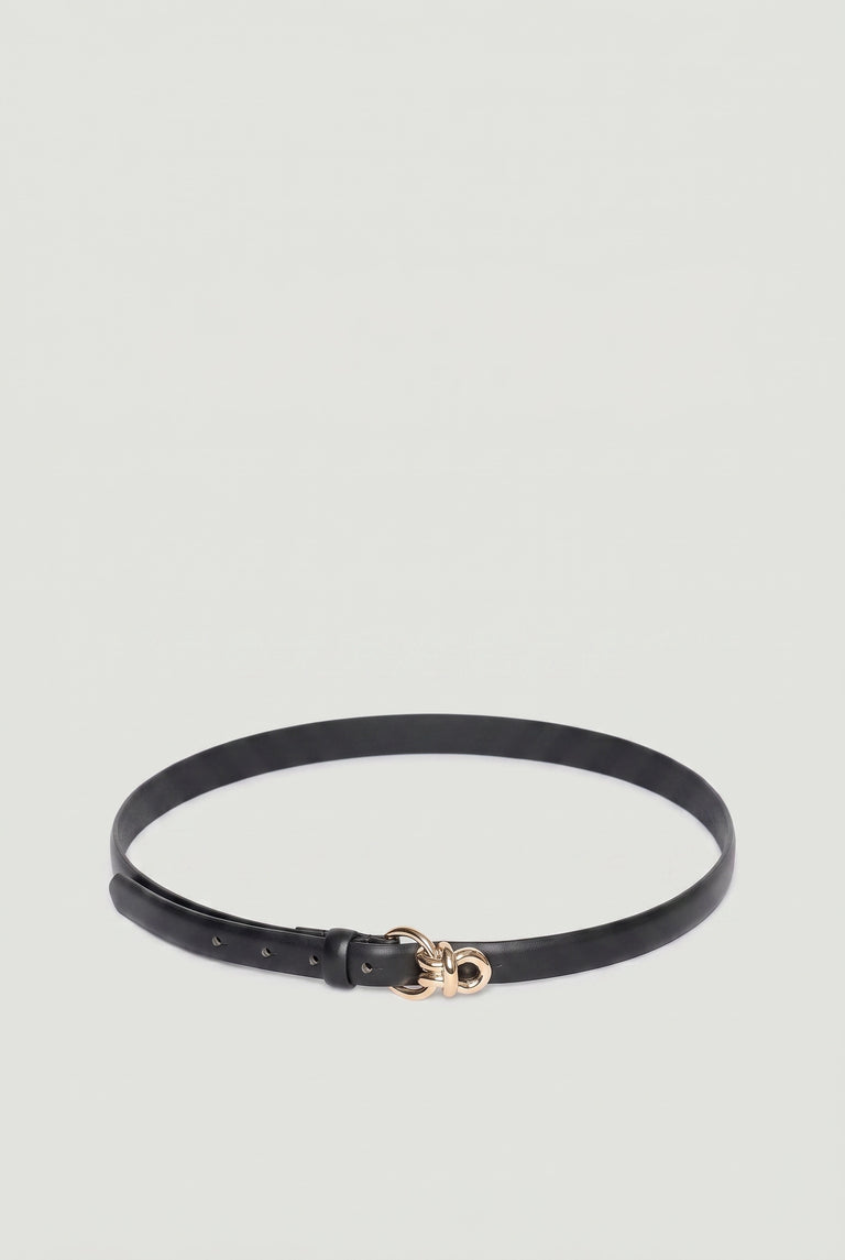 Slim black belt with a polished gold-tone knot buckle, designed for versatile everyday styling.