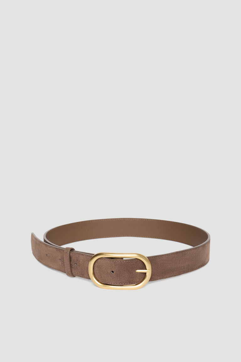 Taupe suede belt featuring an oval gold buckle, combining classic style with versatile everyday wear.