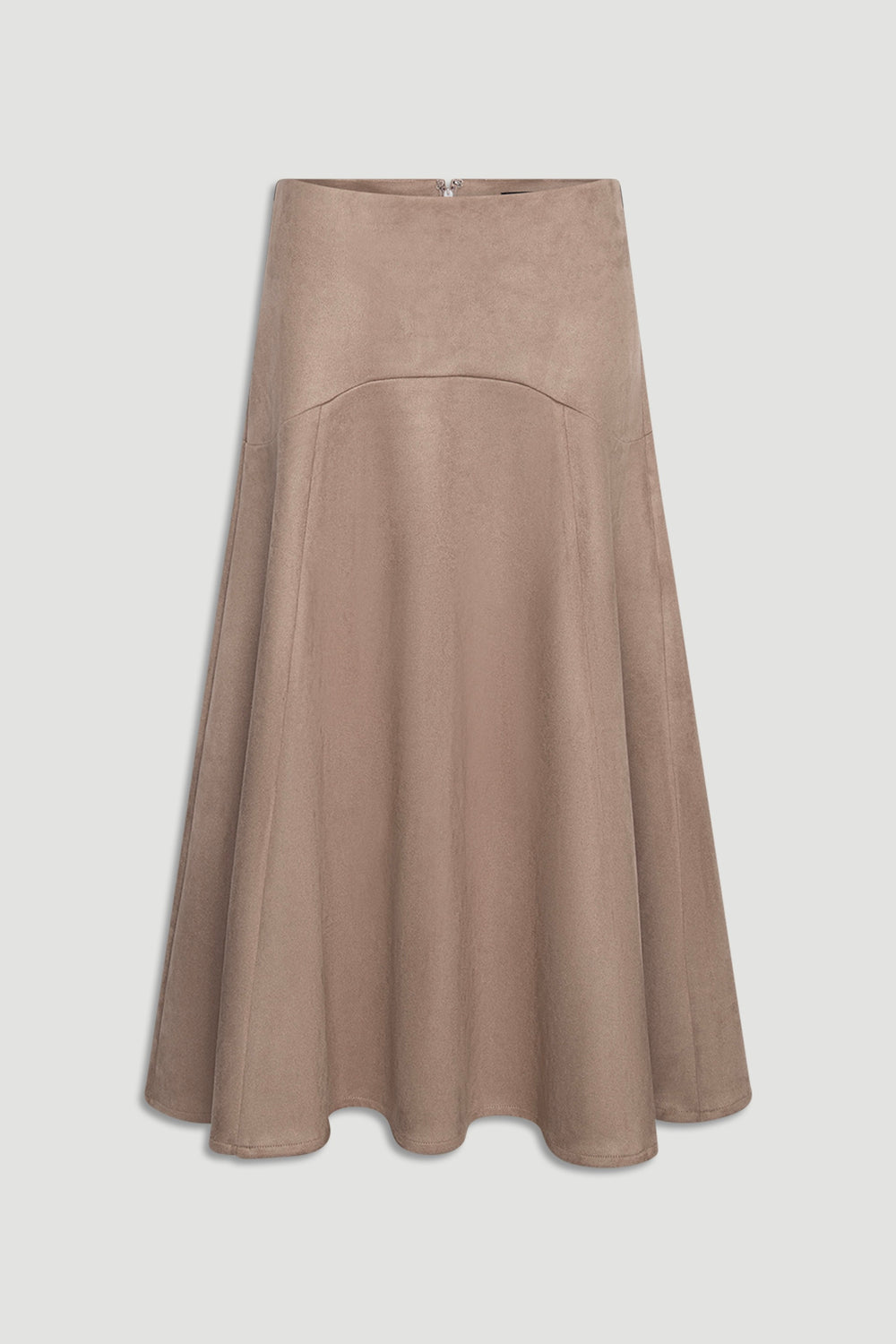 Soft beige faux suede midi skirt with subtle seam detailing and a smooth, flowing silhouette.