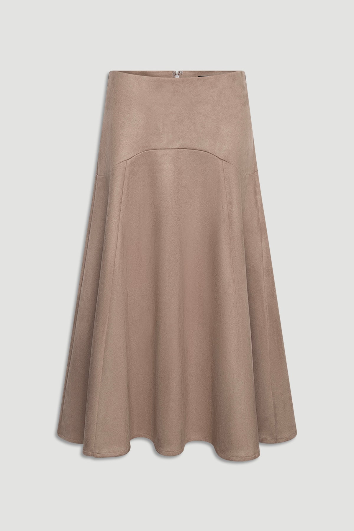 Soft beige faux suede midi skirt with subtle seam detailing and a smooth, flowing silhouette.