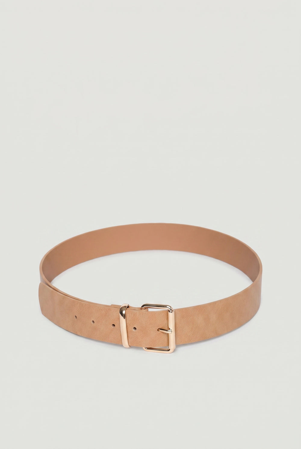 Tan leather-inspired belt with a square gold-toned buckle designed for everyday versatile style.