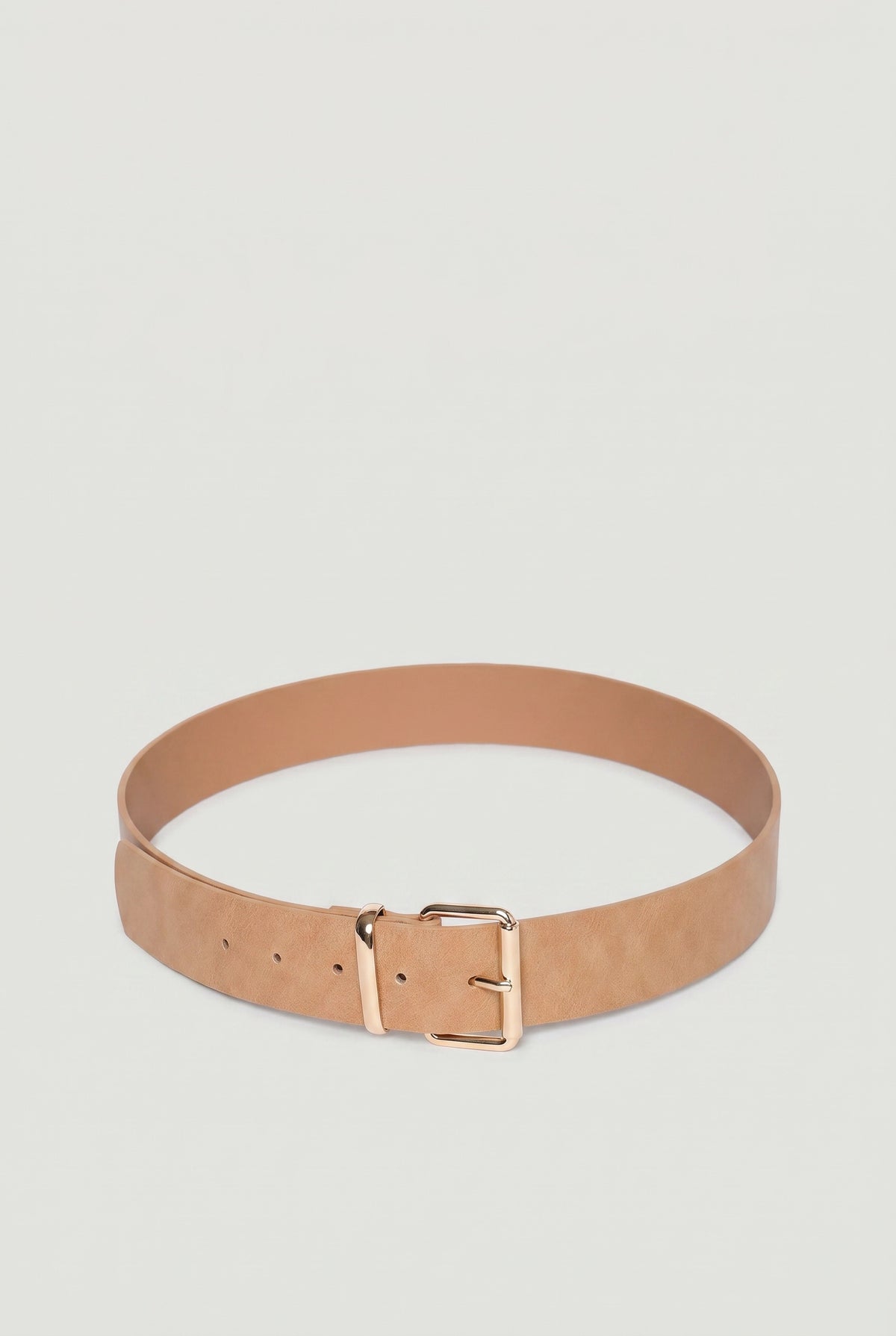 Tan leather-inspired belt with a square gold-toned buckle designed for everyday versatile style.