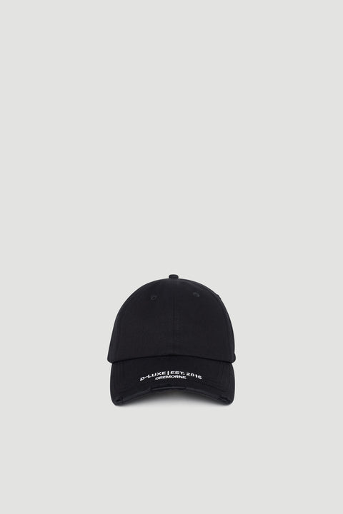 Black baseball cap with subtle distressed details and embroidered branding on the curved brim