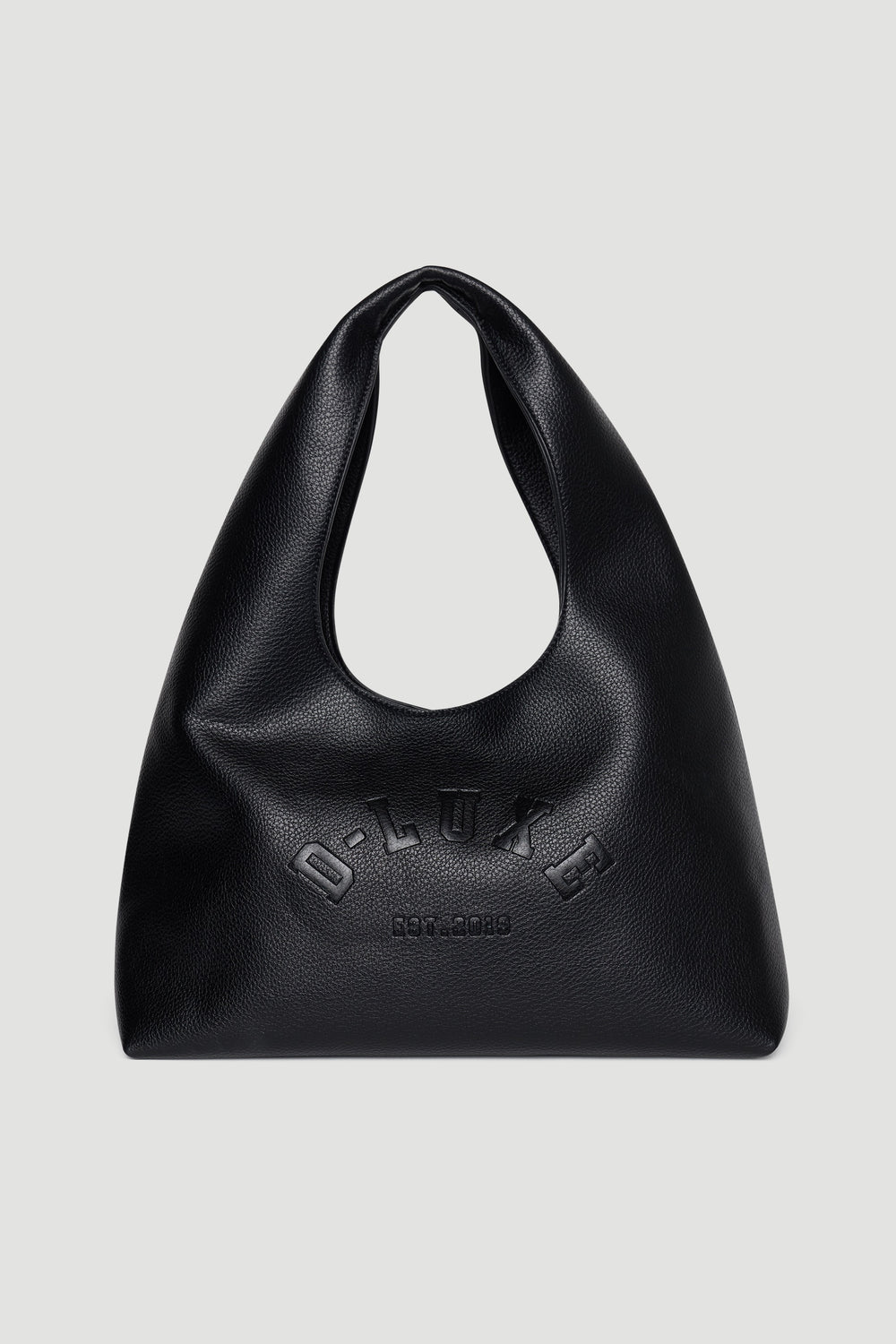 Black textured shoulder bag with soft silhouette and embossed D-Luxe logo for versatile everyday style.