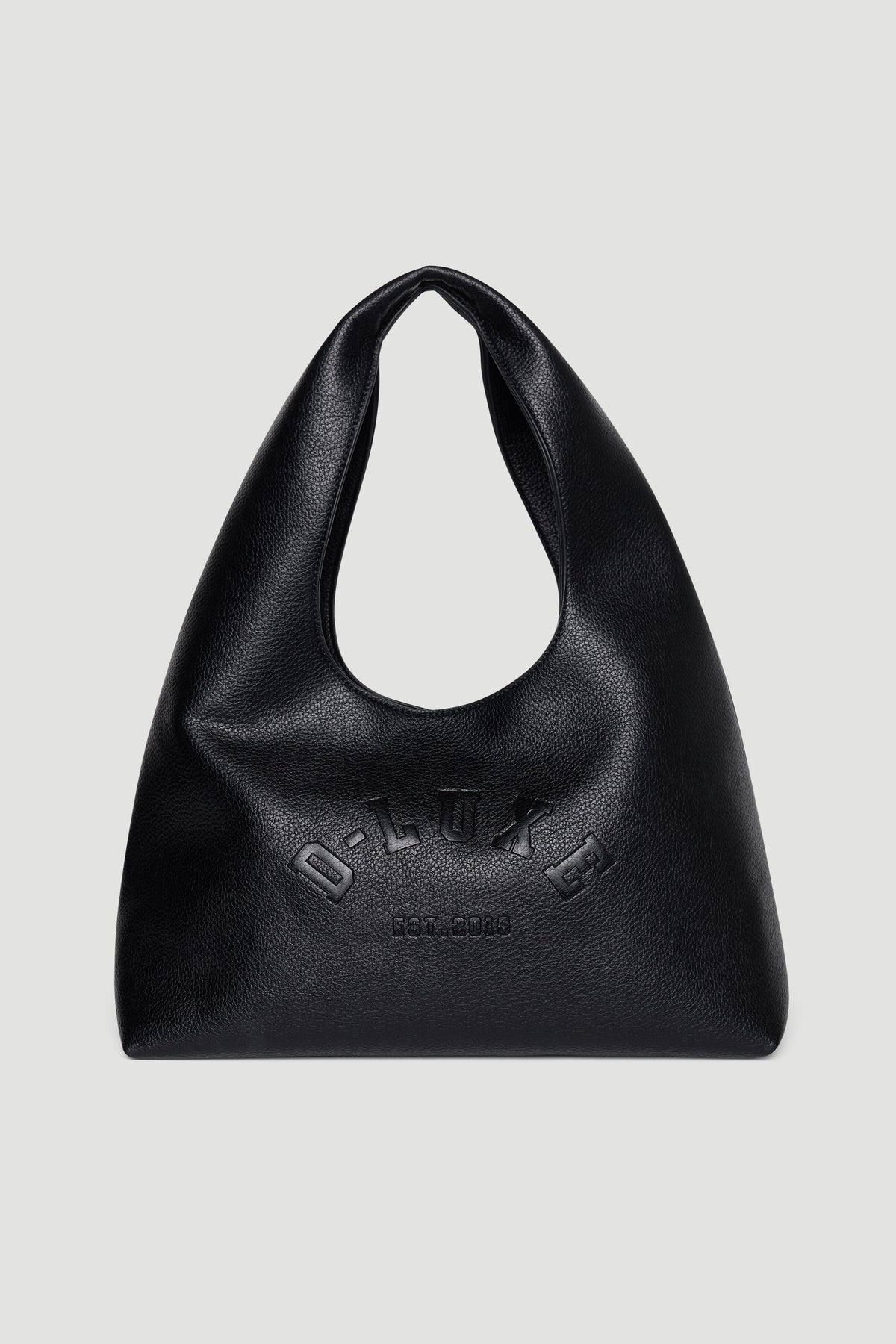 Black textured shoulder bag with soft silhouette and embossed D-Luxe logo for versatile everyday style.