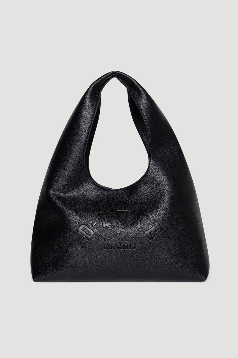 Black textured shoulder bag with soft silhouette and embossed D-Luxe logo for versatile everyday style.