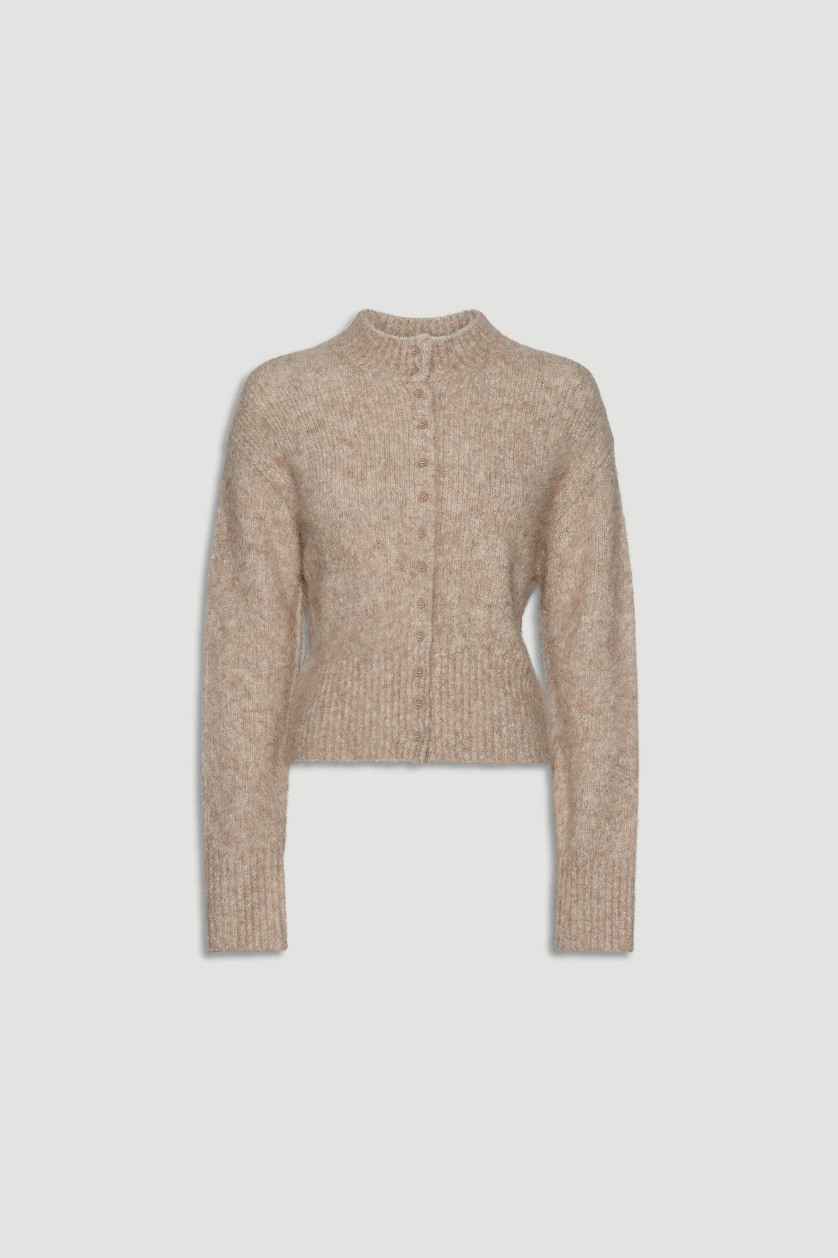 Soft stone-colored alpaca blend cardigan with button front and ribbed cuffs for a cozy, stylish layering piece.