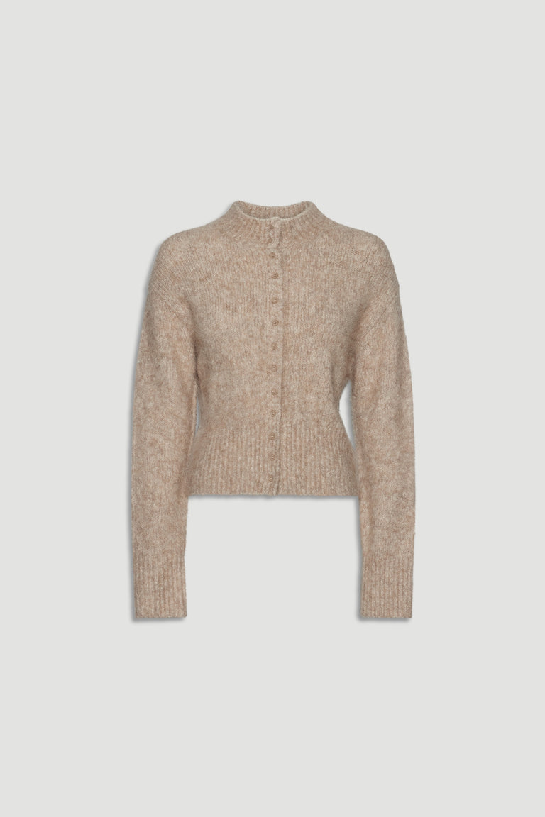 Soft stone-colored alpaca blend cardigan with button front and ribbed cuffs for a cozy, stylish layering piece.