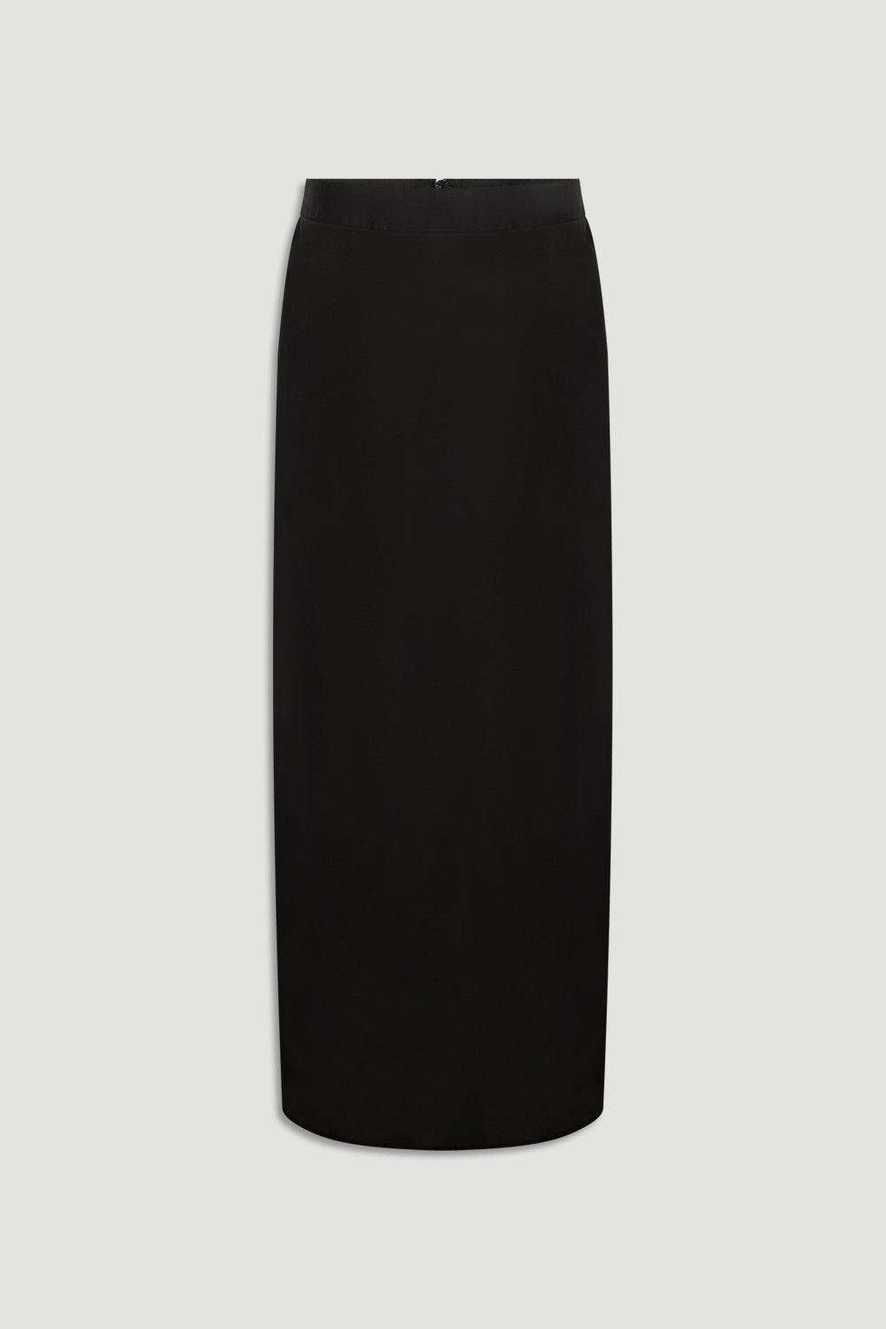 Elegant black organza maxi skirt with a high waist and sleek, straight silhouette for versatile styling.