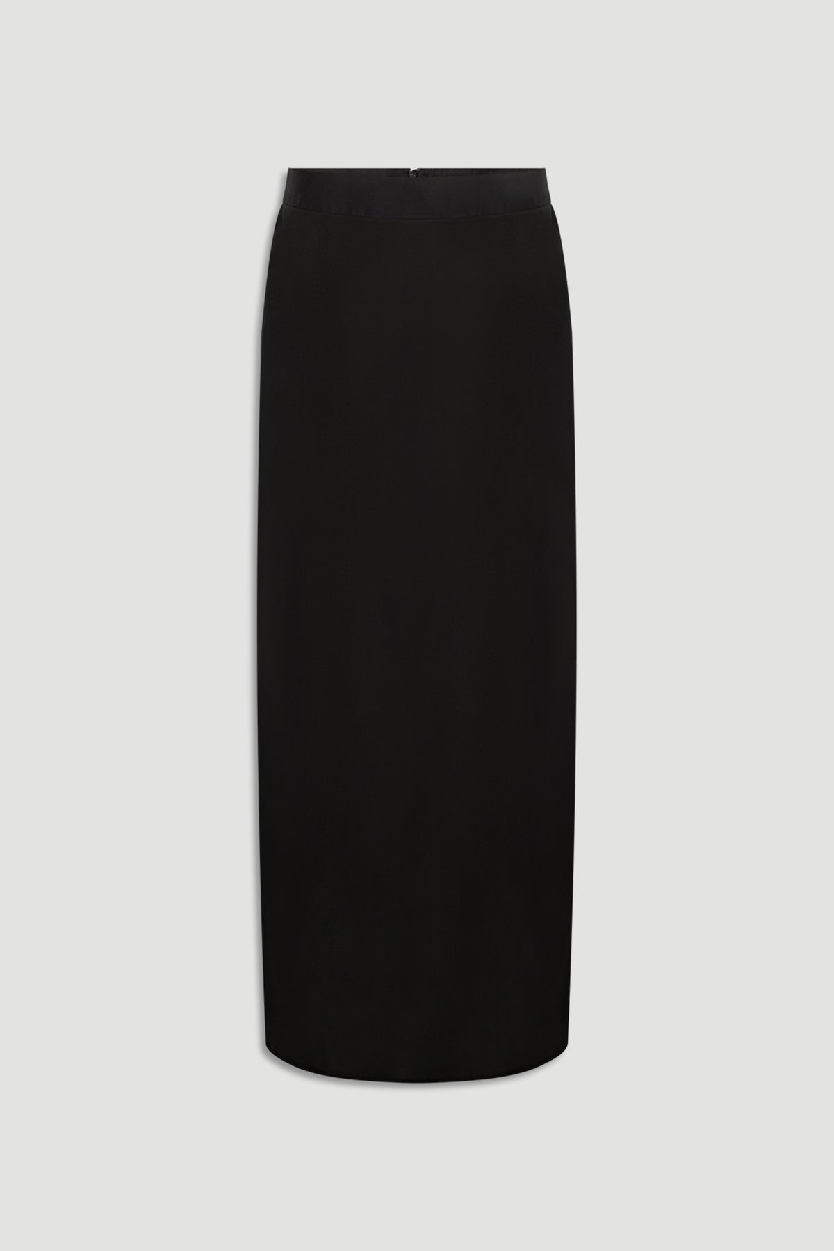 Elegant black organza maxi skirt with a high waist and sleek, straight silhouette for versatile styling.