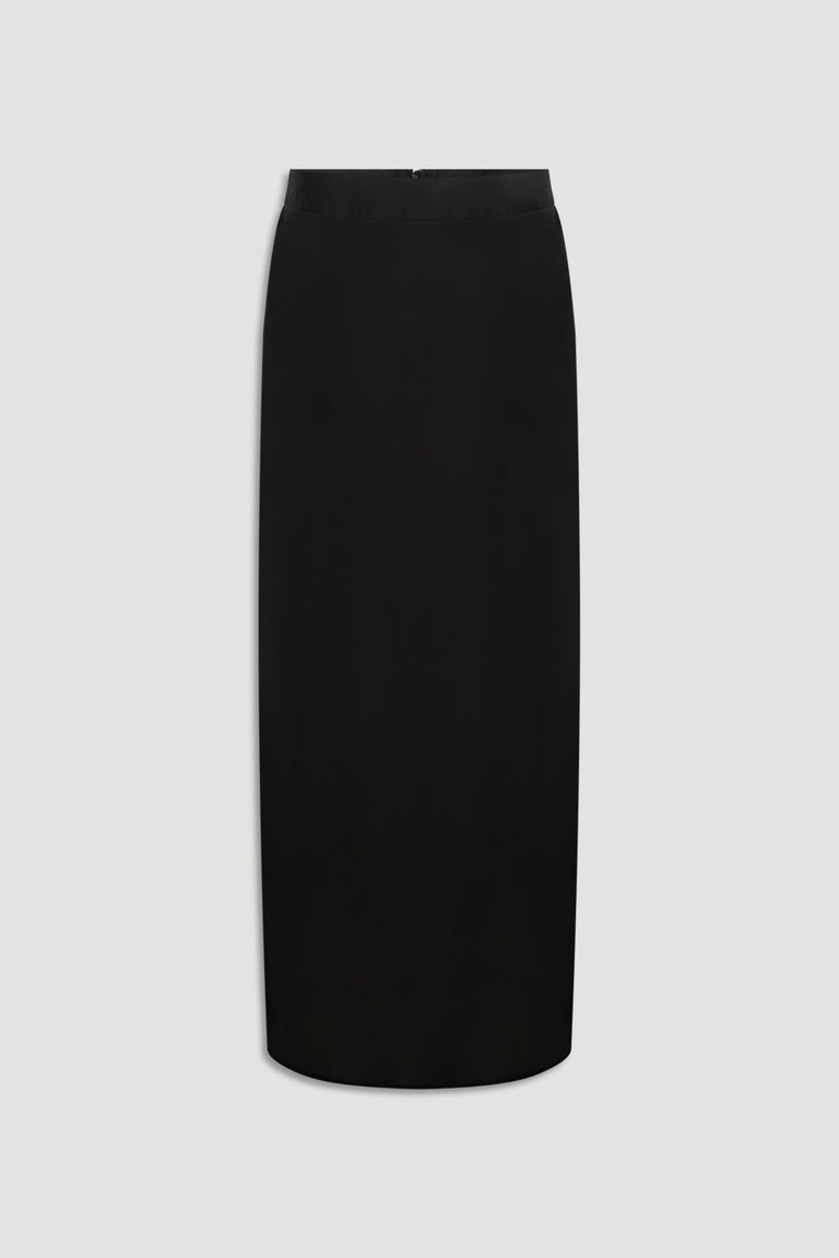 Elegant black organza maxi skirt with a high waist and sleek, straight silhouette for versatile styling.