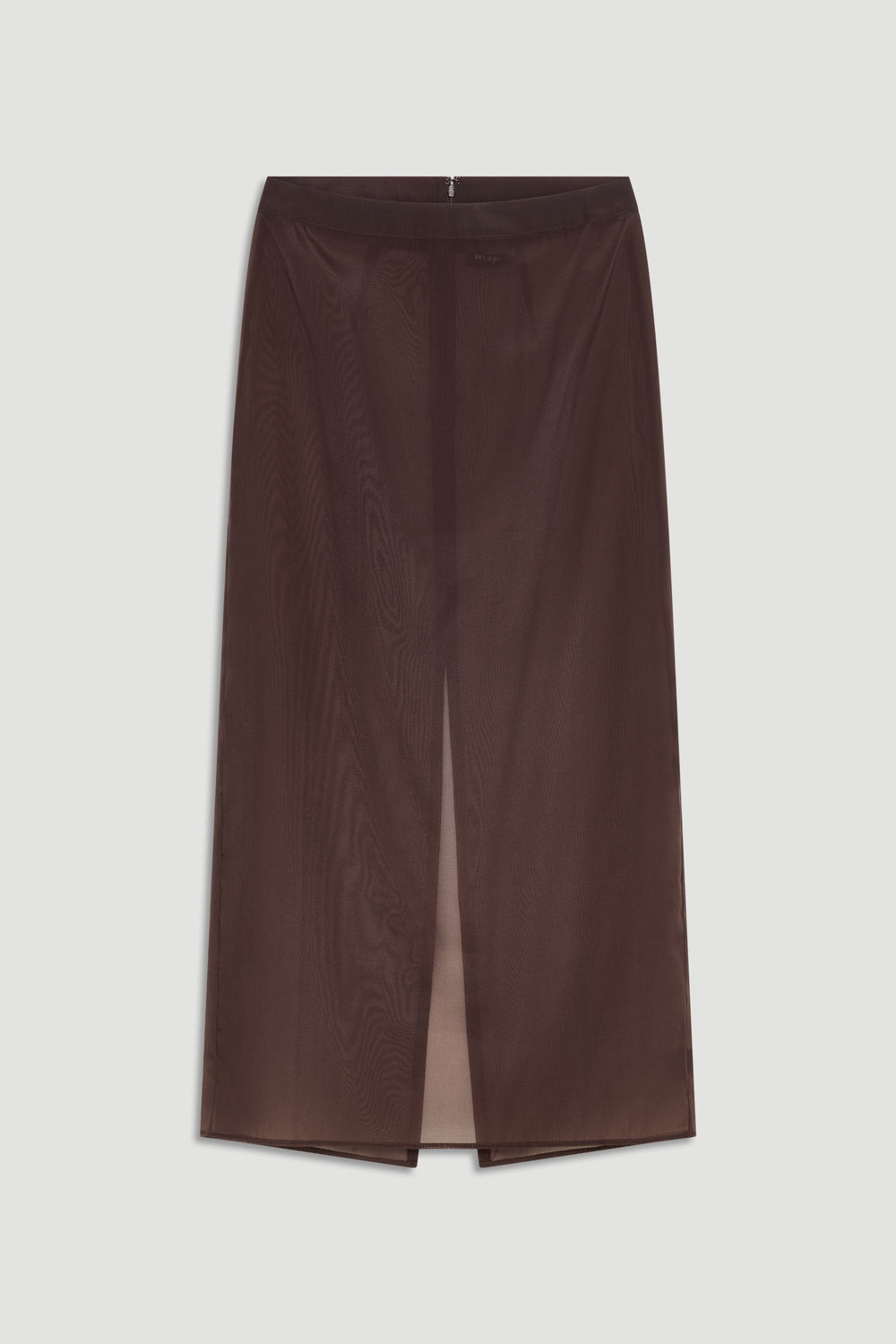 Dark brown sheer maxi skirt with flat waistband, back zip, and center slit laid flat on white background