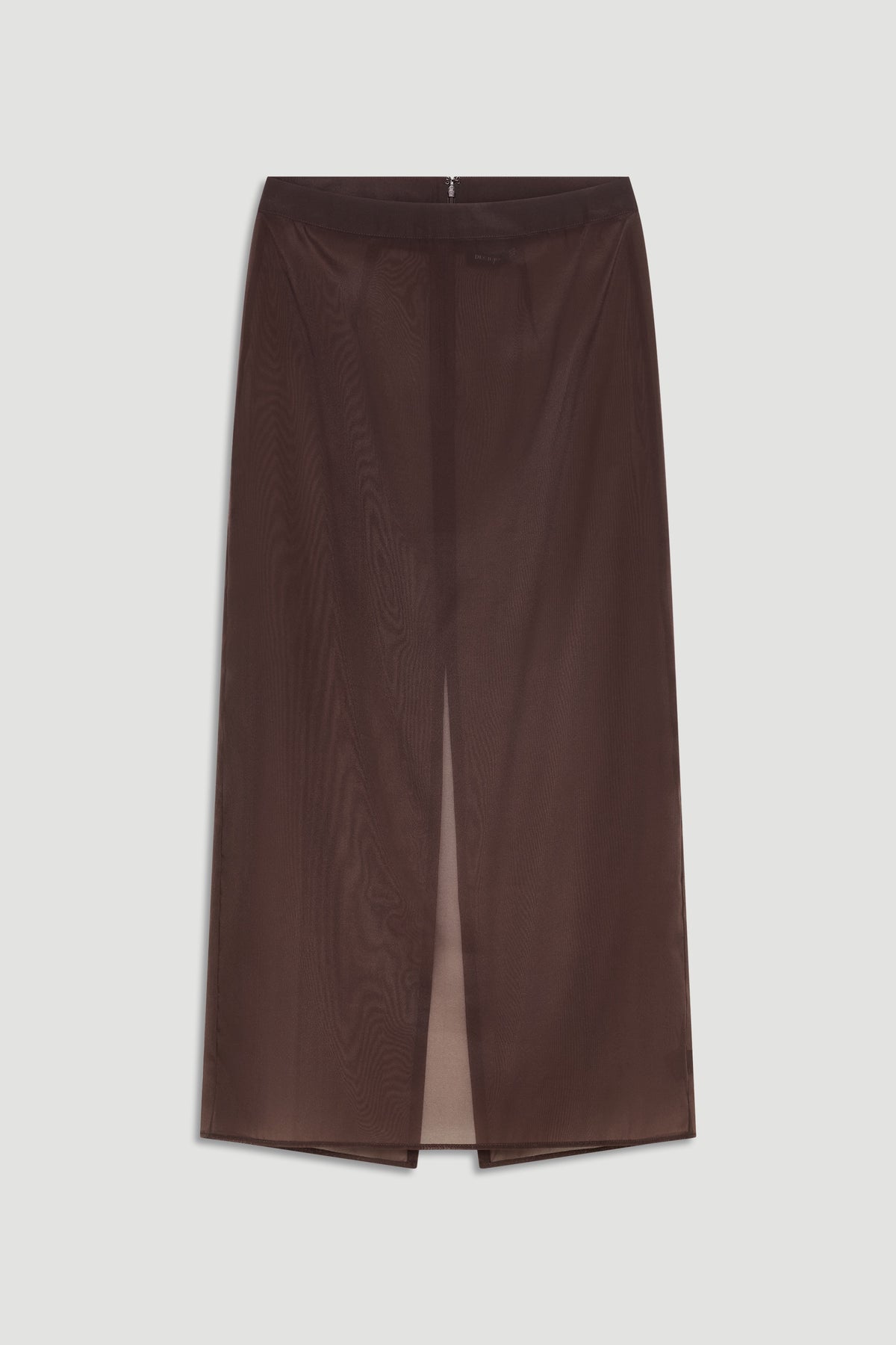 Dark brown sheer maxi skirt with flat waistband, back zip, and center slit laid flat on white background