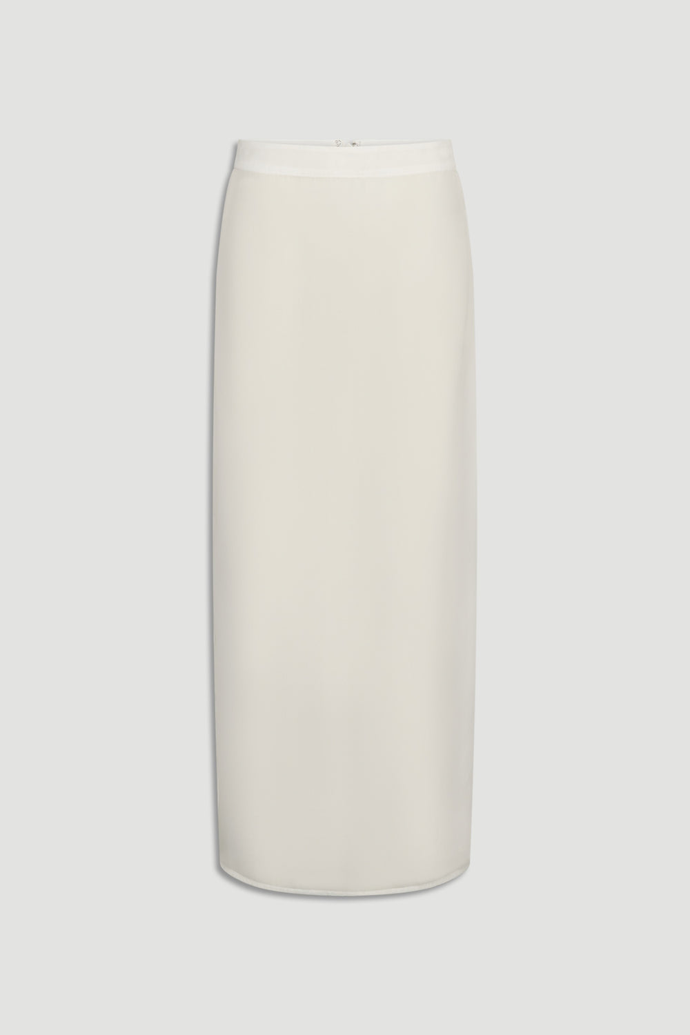Creamy white maxi skirt with a smooth, sheer organza overlay and clean minimalist silhouette