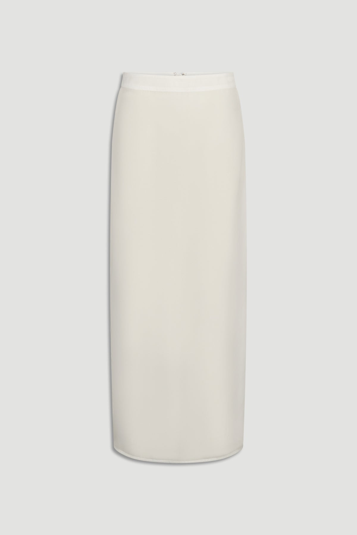 Creamy white maxi skirt with a smooth, sheer organza overlay and clean minimalist silhouette