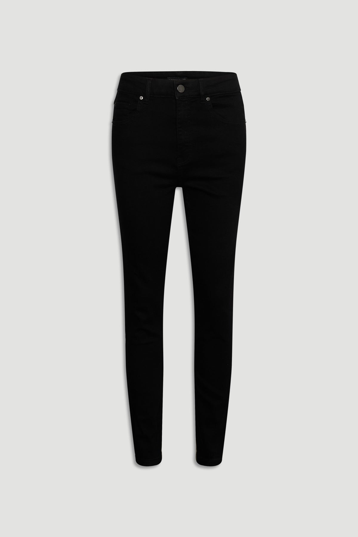 Black skinny jeans crafted in a sleek denim fabric with classic five-pocket styling and a mid-rise waist.