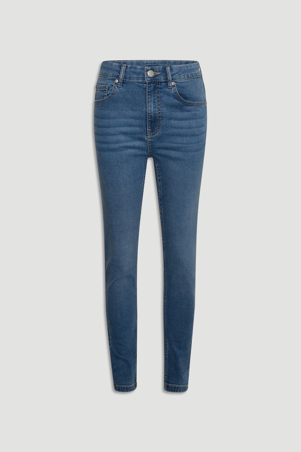 Mid-blue skinny jeans with classic five-pocket styling and subtle faded detail for a sleek, modern denim look