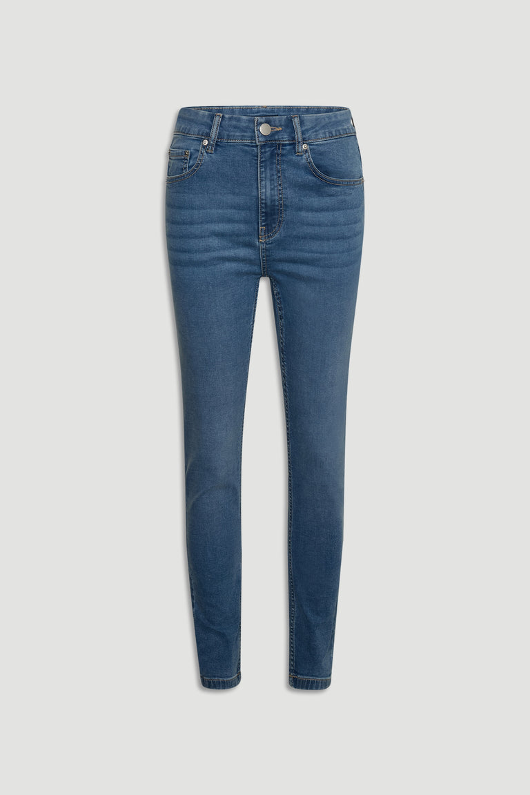 Mid-blue skinny jeans with classic five-pocket styling and subtle faded detail for a sleek, modern denim look