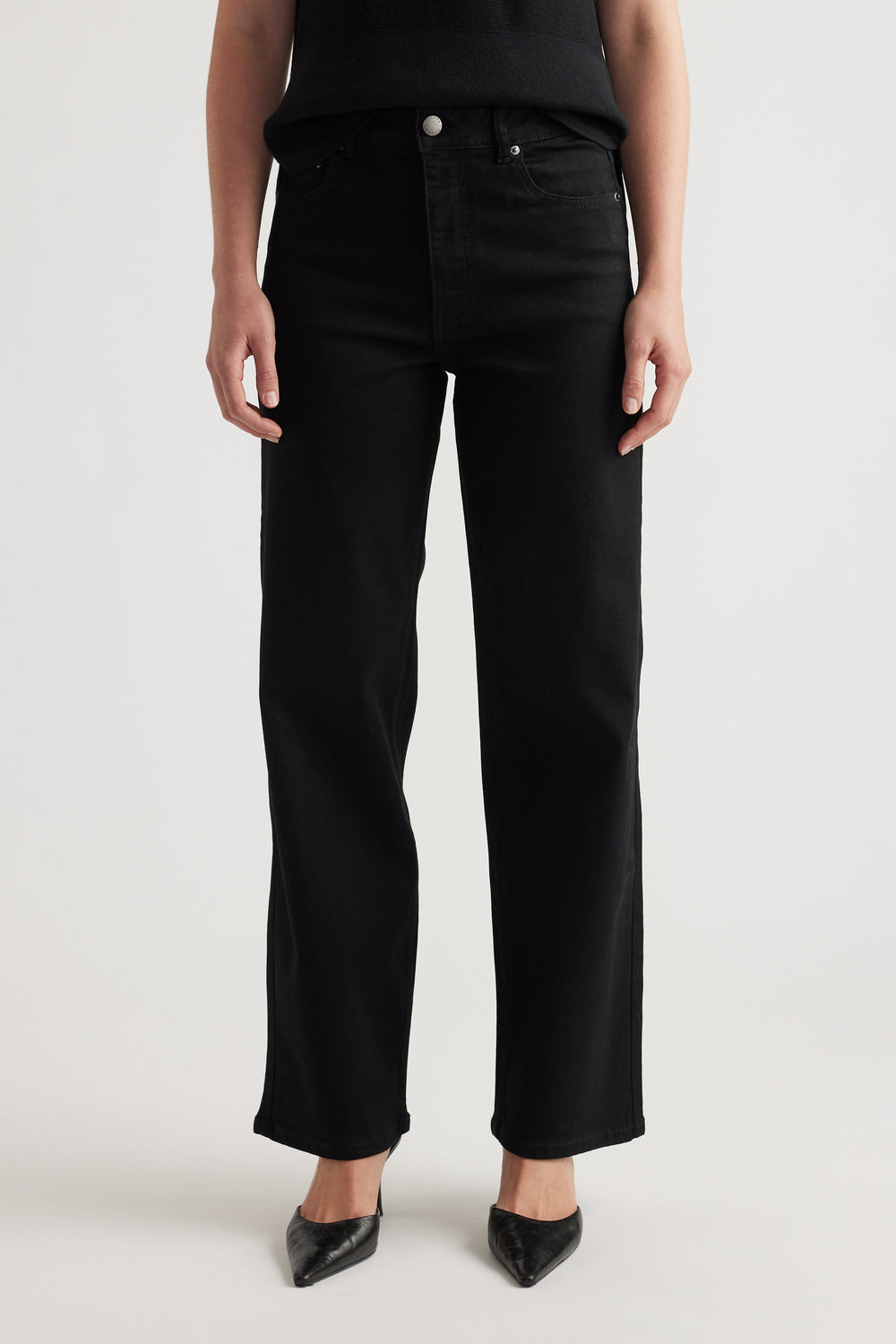 Black straight-leg jeans with a high waist and subtle stretch for a sleek, comfortable fit.