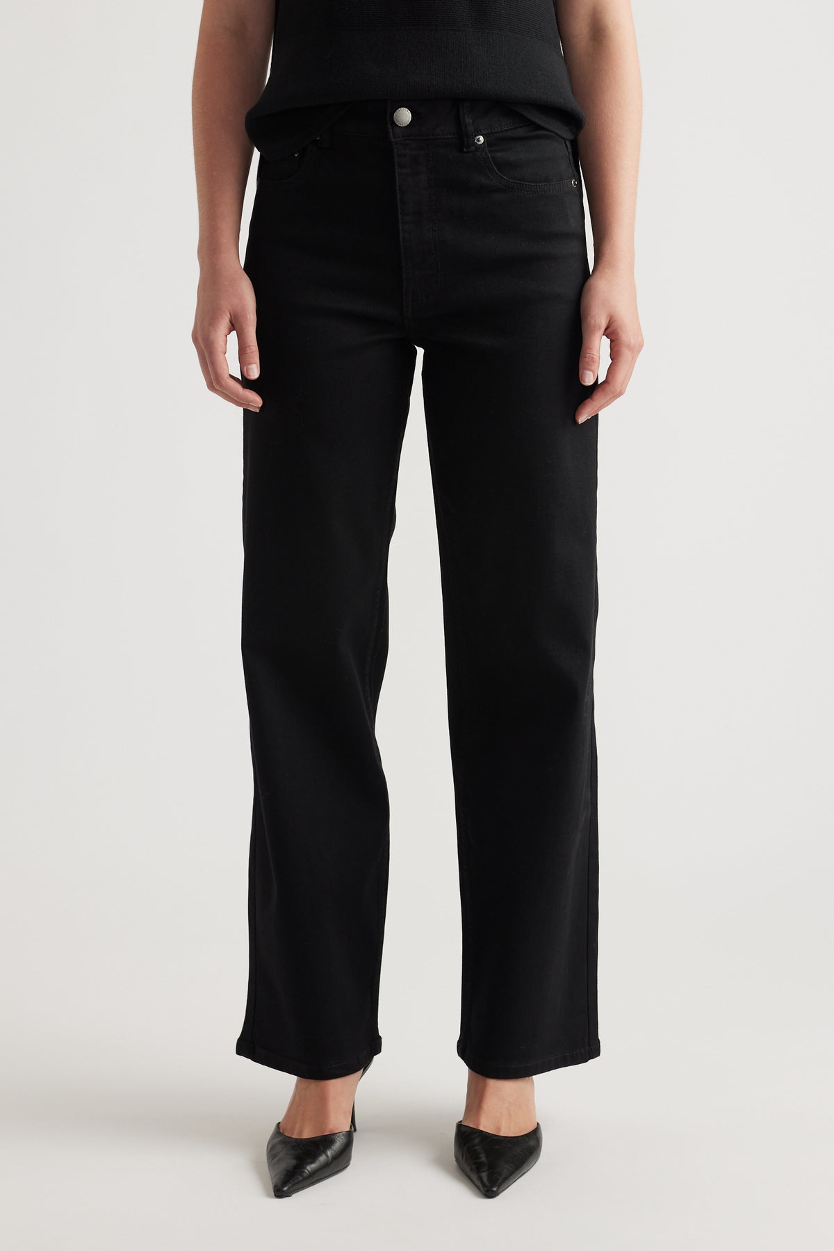 Black straight-leg jeans with a high waist and subtle stretch for a sleek, comfortable fit.