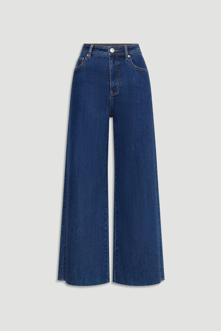 High-rise dark indigo wide-leg jeans with classic five-pocket styling for a modern, relaxed denim look.