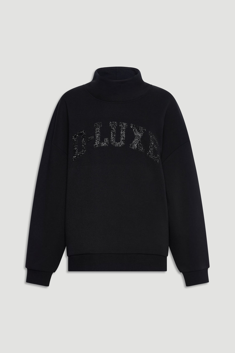 Black mock neck sweatshirt featuring subtle sparkling text detail across the chest for a stylish casual look.