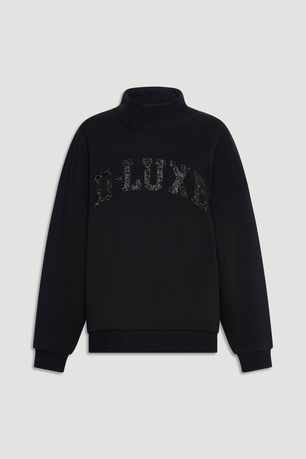 Black mock neck sweatshirt featuring subtle sparkling text detail across the chest for a stylish casual look.