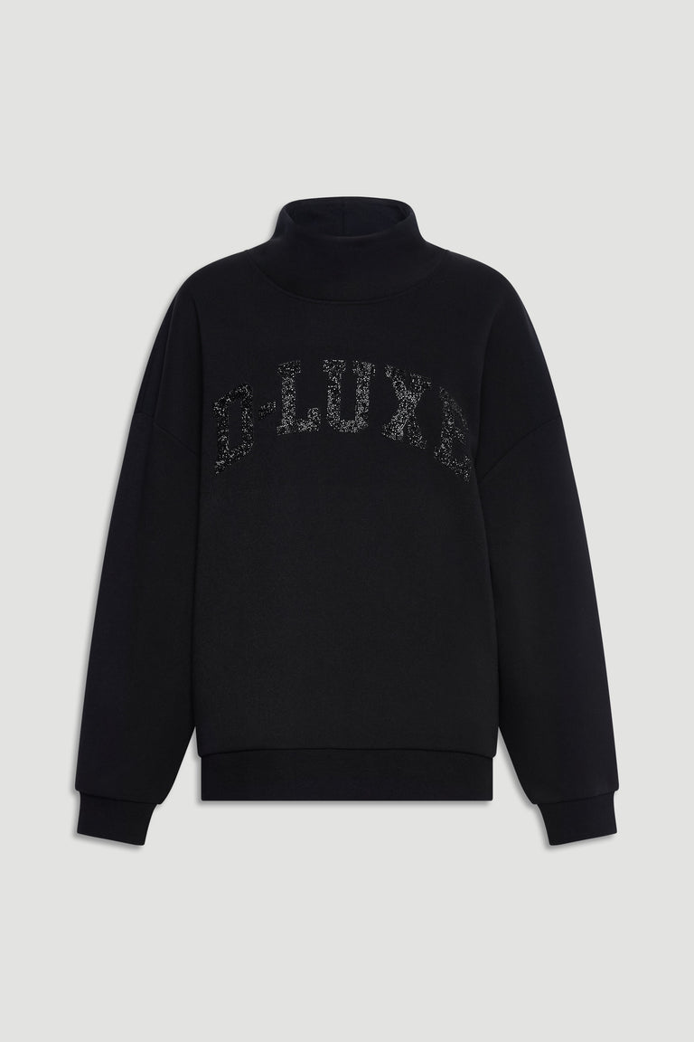 Black mock neck sweatshirt featuring subtle sparkling text detail across the chest for a stylish casual look.