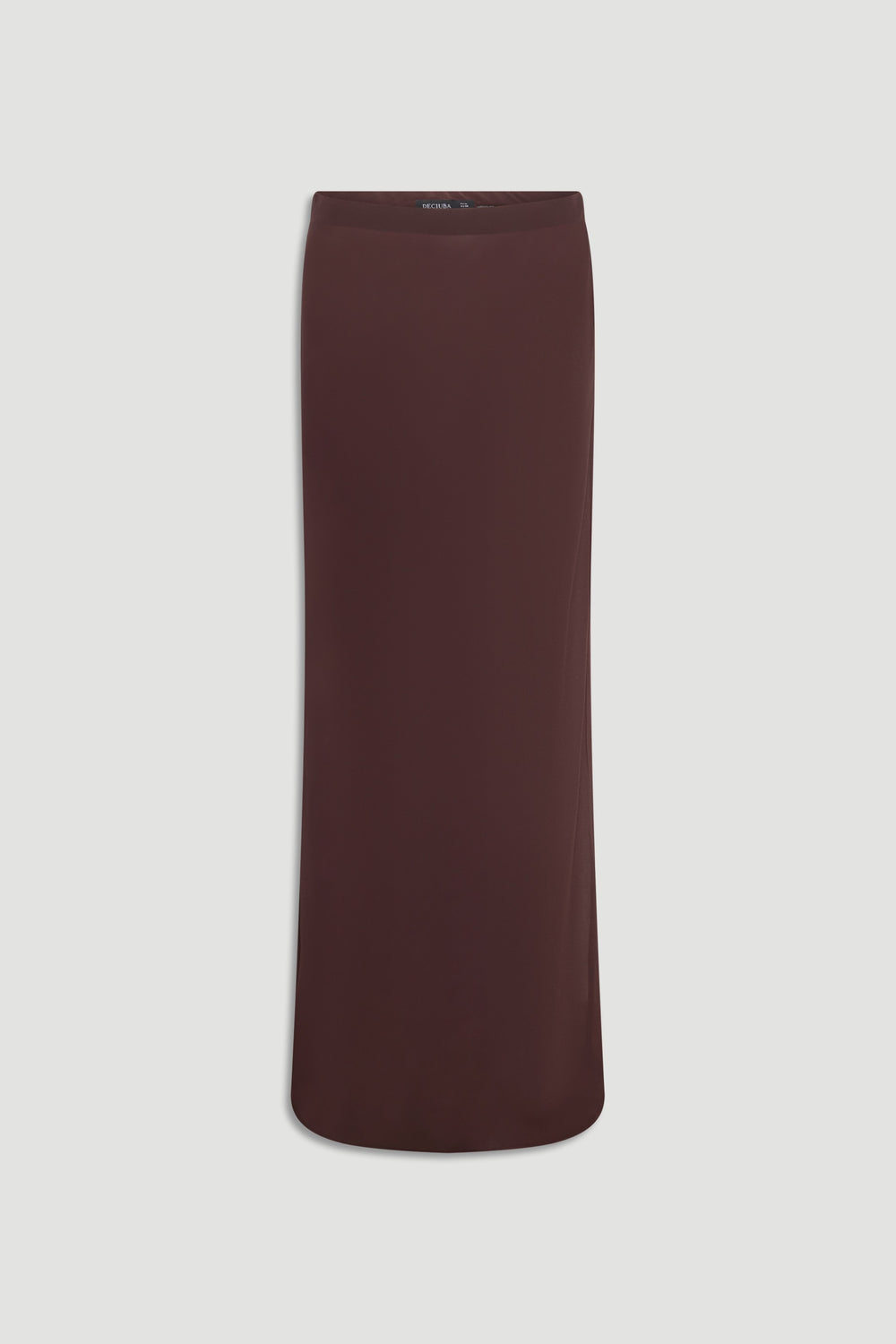 Simple long skirt in rich chocolate brown with a smooth, fitted silhouette on a plain background