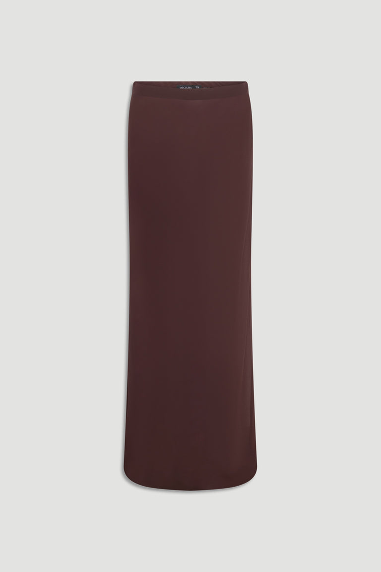 Simple long skirt in rich chocolate brown with a smooth, fitted silhouette on a plain background