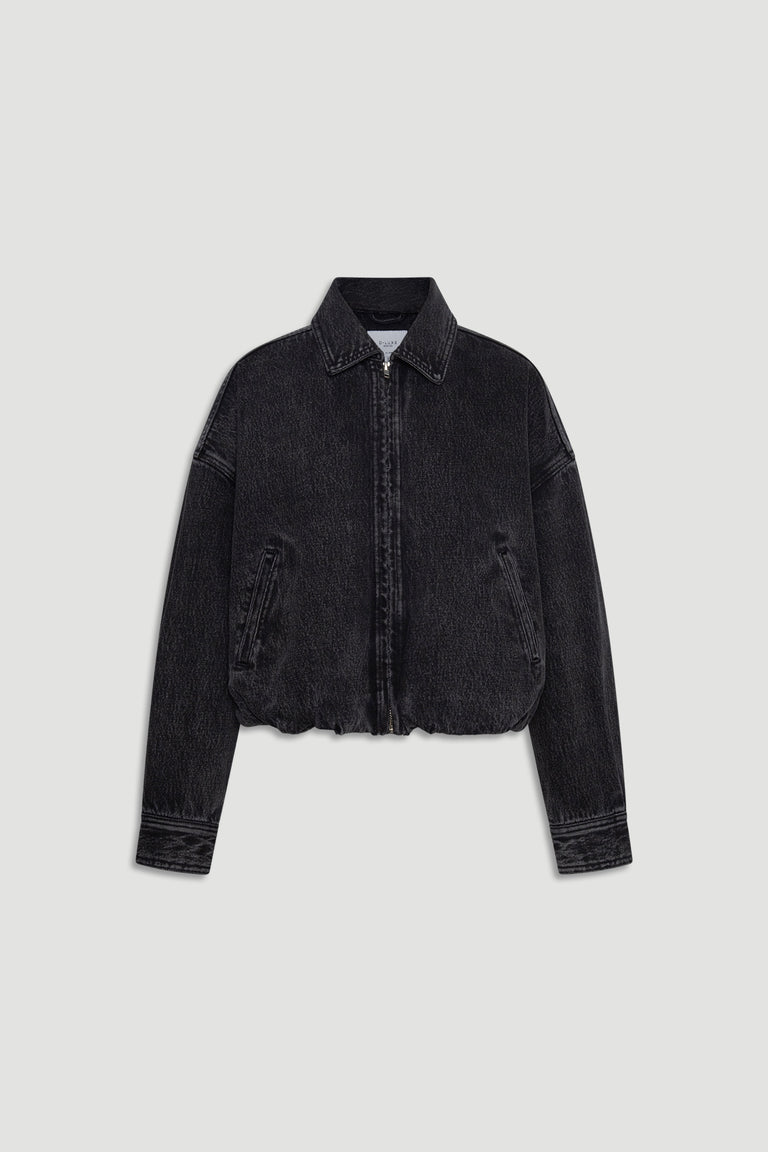 Black denim bomber jacket with front zipper, pointed collar, side pockets, and relaxed fit hemline.