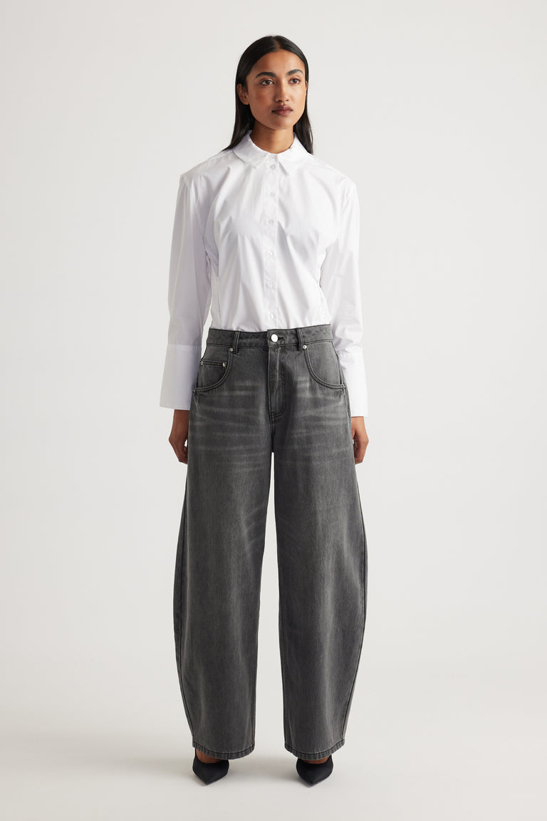 Daisy Horseshoe Jean in faded black denim with a high rise and wide leg from DECJUBA Australian fashion brand
