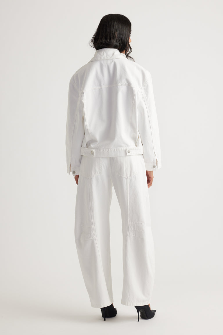 Nakita Denim Jacket in crisp white with relaxed silhouette and button details by DECJUBA Australian fashion brand