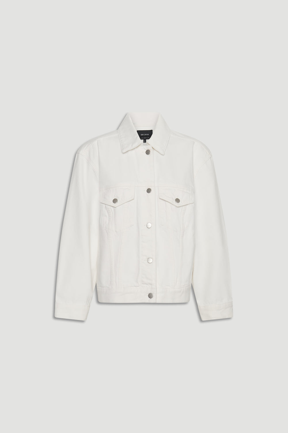 Nakita Denim Jacket in soft white denim with button front and chest pockets, a versatile piece by DECJUBA Australian fashion brand