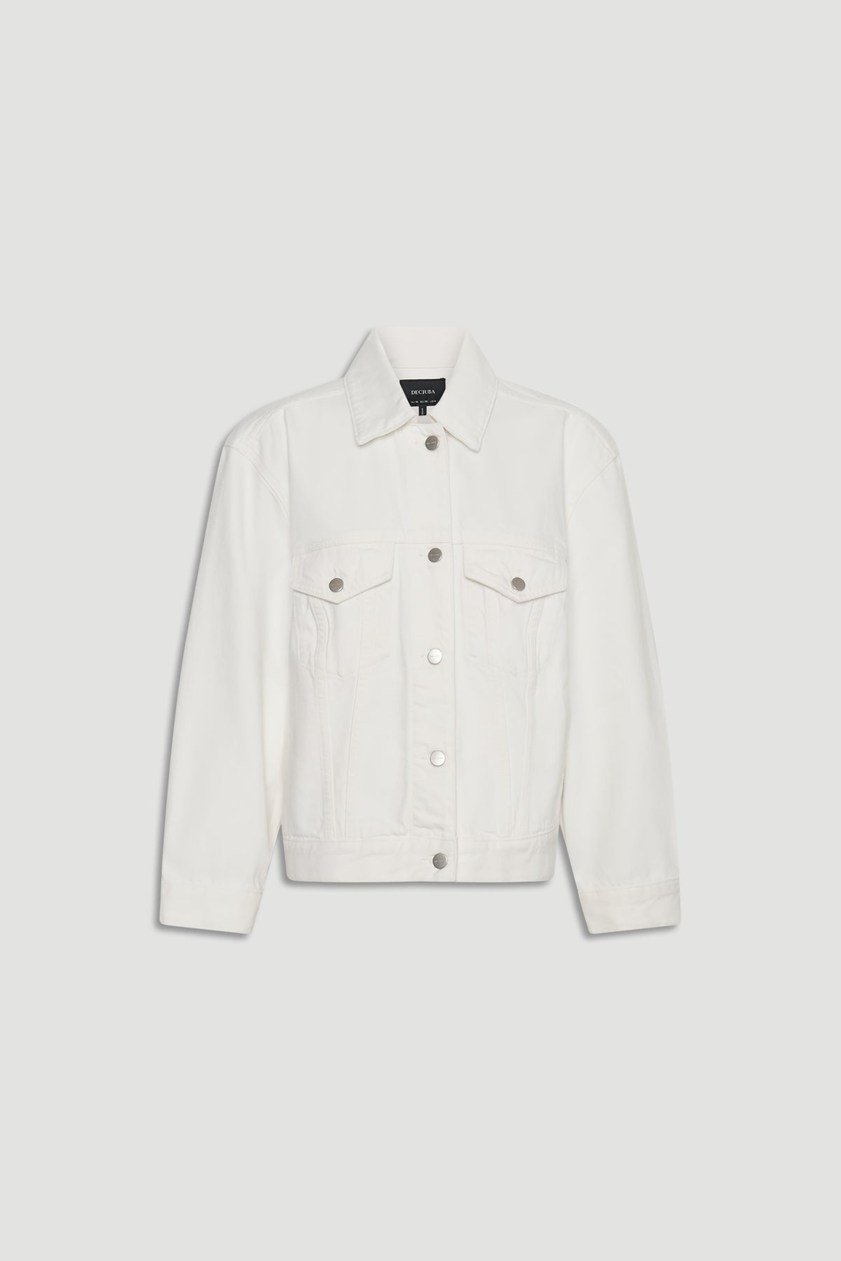 Nakita Denim Jacket in soft white denim with button front and chest pockets, a versatile piece by DECJUBA Australian fashion brand