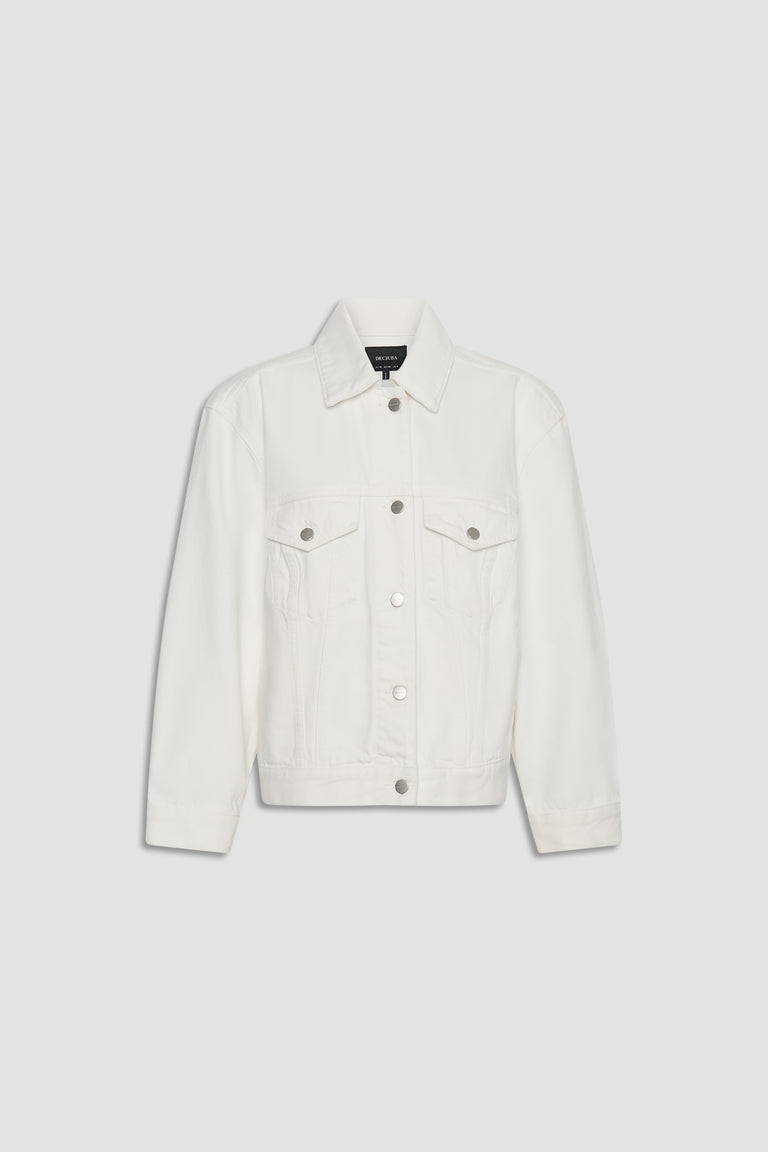 Nakita Denim Jacket in soft white denim with button front and chest pockets, a versatile piece by DECJUBA Australian fashion brand