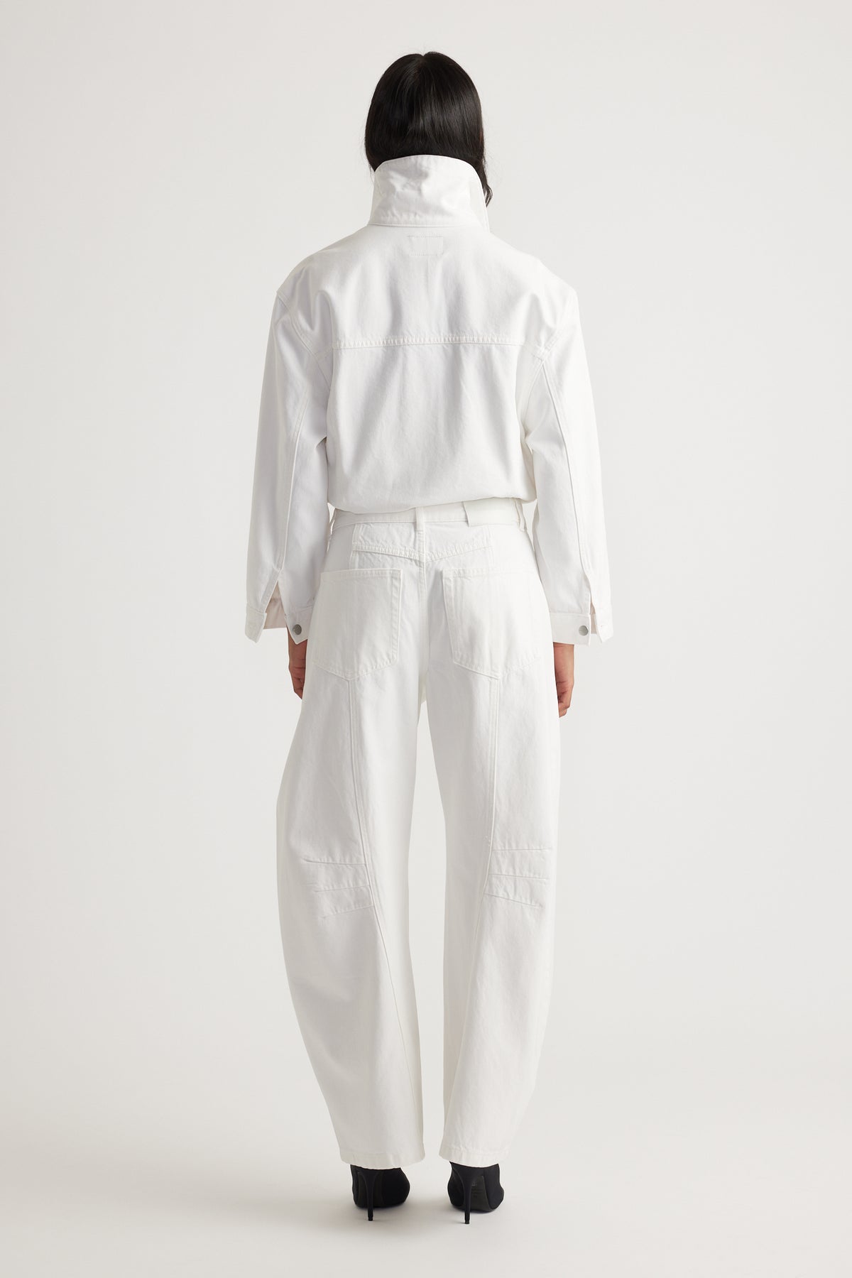 Amaya Barrel Jean in crisp white denim with a high waist and relaxed fit by DECJUBA Australian fashion brand
