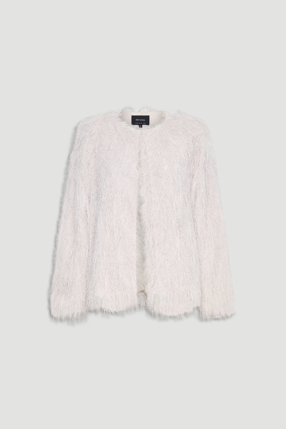 Ivory textured fringed jacket with a soft, plush finish and a relaxed, open-front silhouette.