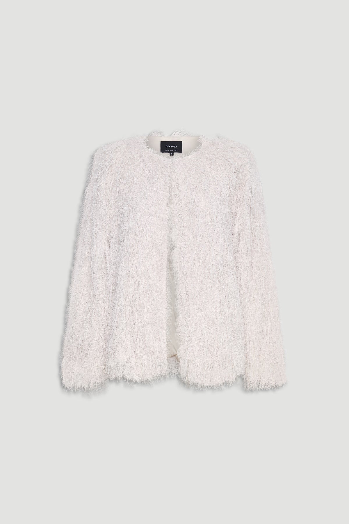 Ivory textured fringed jacket with a soft, plush finish and a relaxed, open-front silhouette.